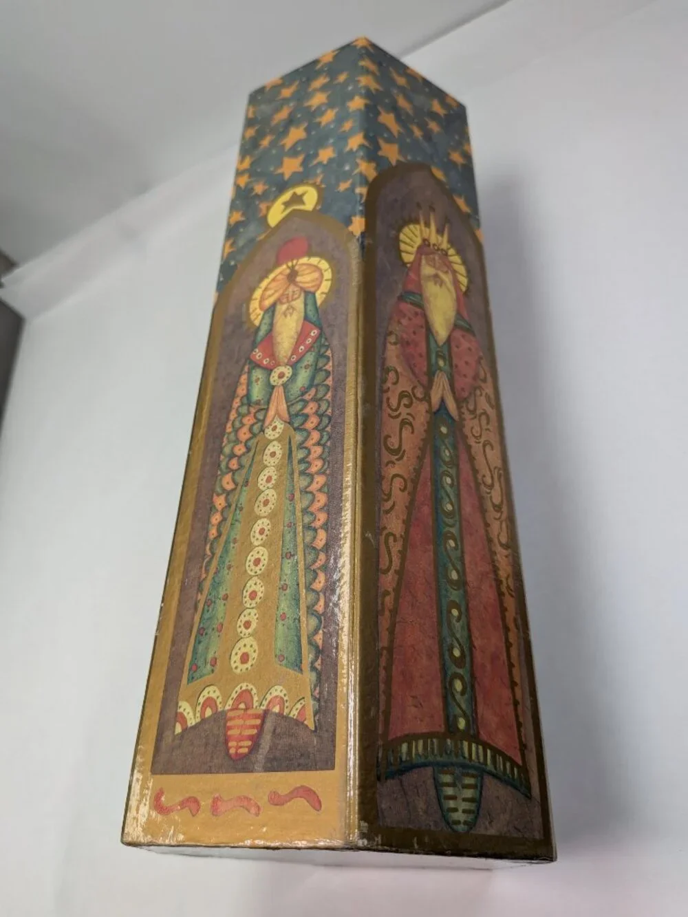 Vintage Three Kings Wise Men Saints Christmas Wine Gift Box Tall Hexagon 13